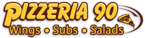 Pizzeria 90 wings, subs, salads text logo